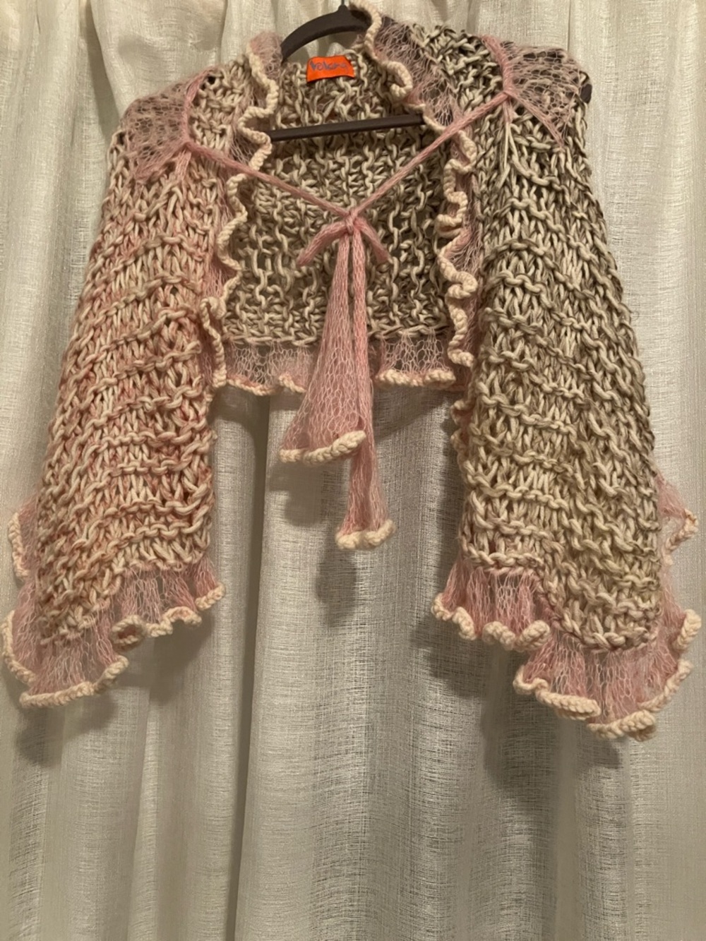 Handknit Open-Weave Bolero with Pink Trim